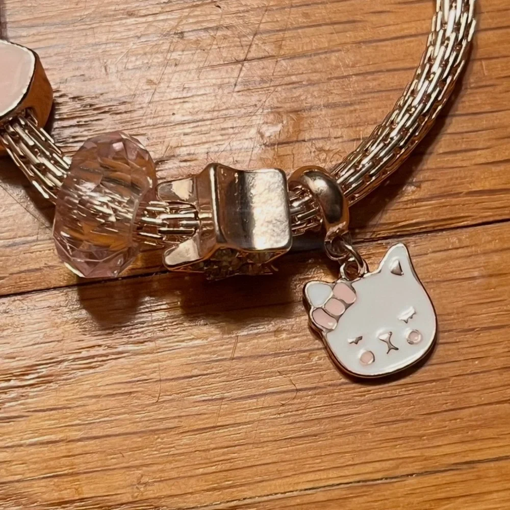 (kids) 🎉Rose Gold Cat Heart Star Crystal Charm Bracelet & Cat Ring